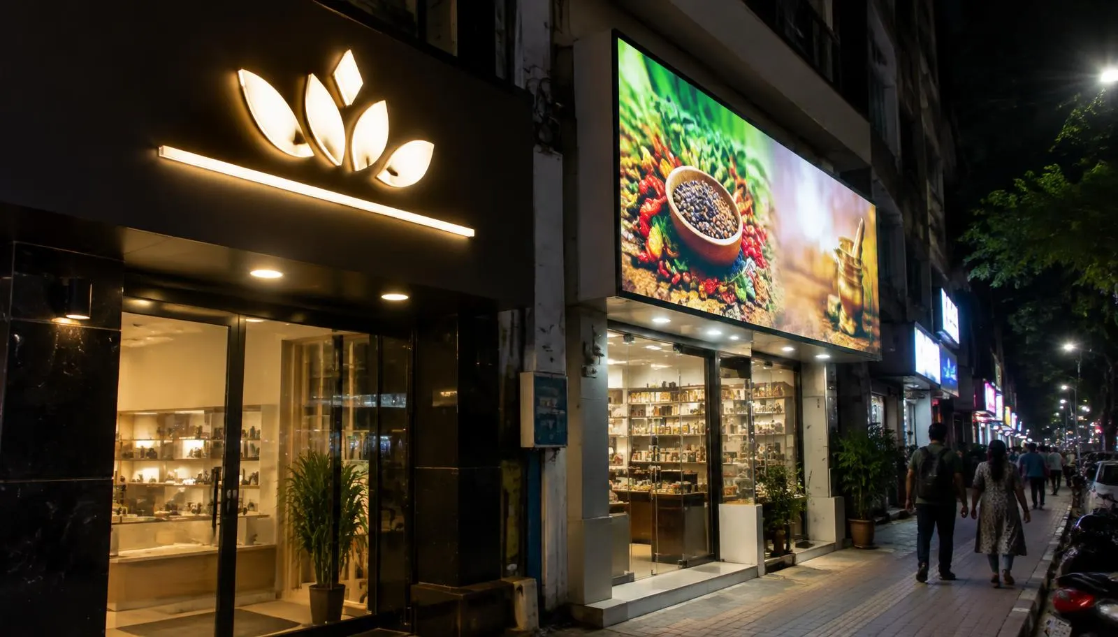 Acrylic glow sign board and flex backlit board lit up side by side at night
