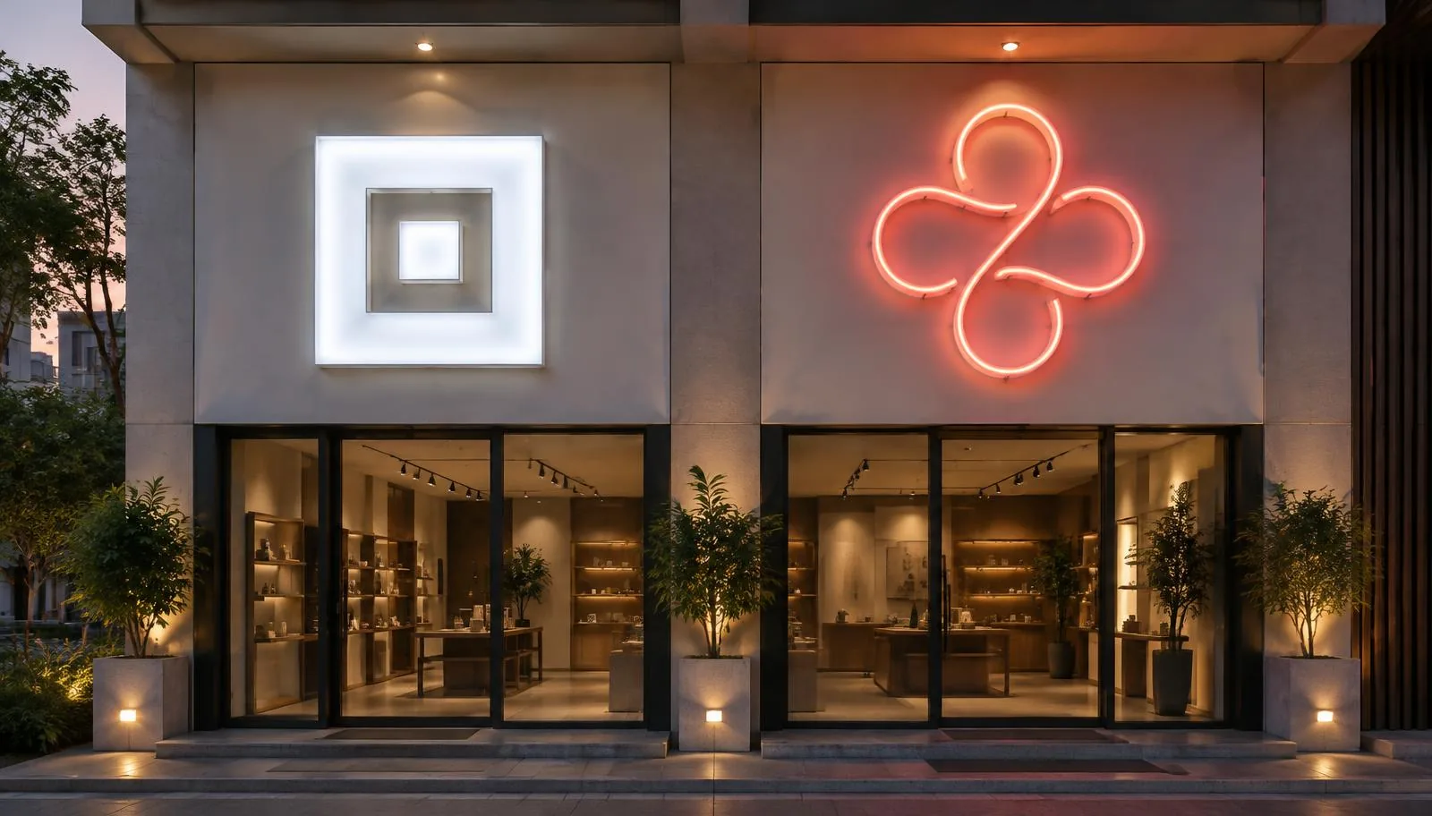 LED sign board and neon sign side by side on a shop storefront at night